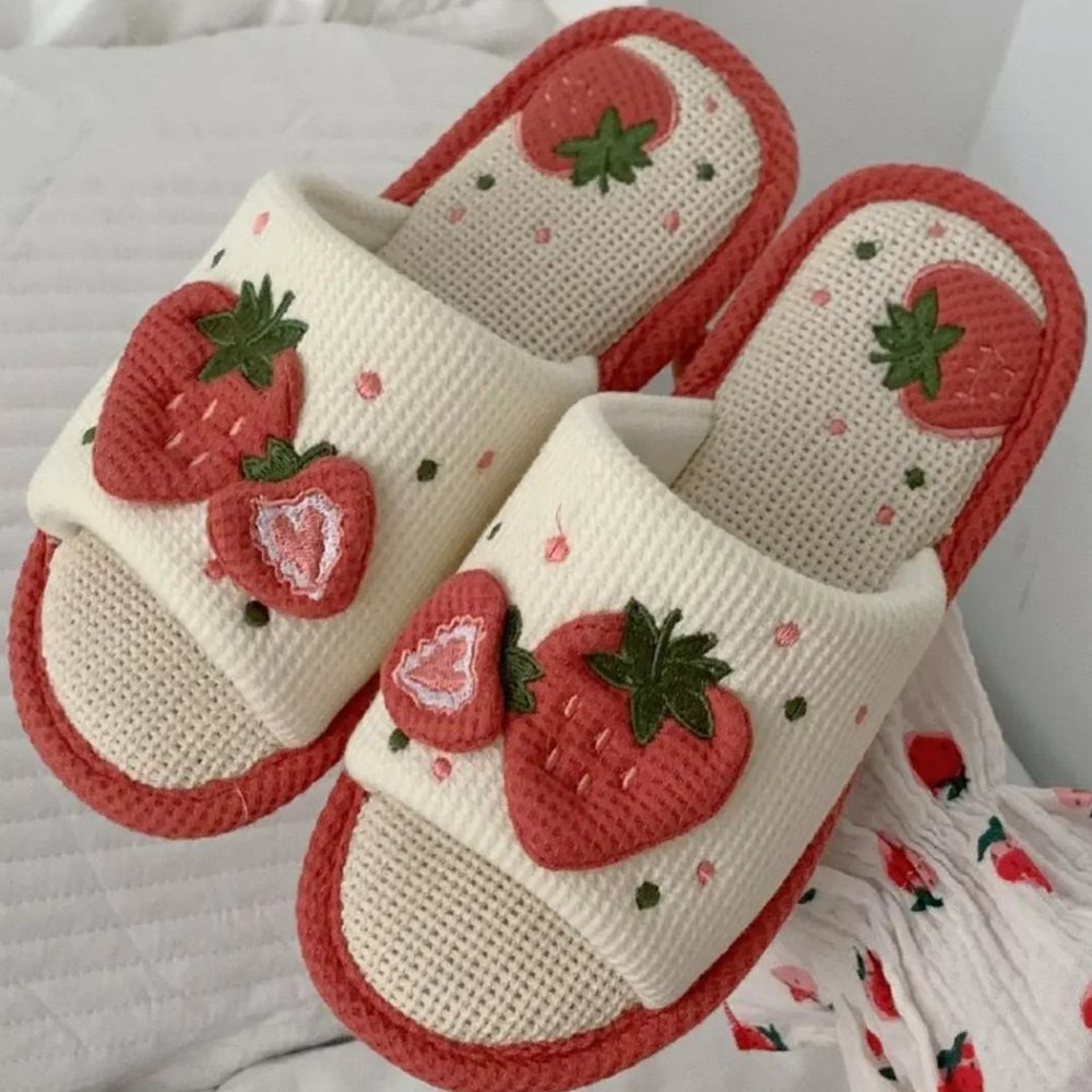 Strawberry Cute Embroidered Slippers | Home Linen Women Shoes